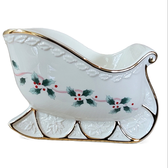 LIKE NEW! IOB Mikasa Porcelain Ribbon Holly Sleigh FK017 Ivory Color With Box - Picture 3 of 15